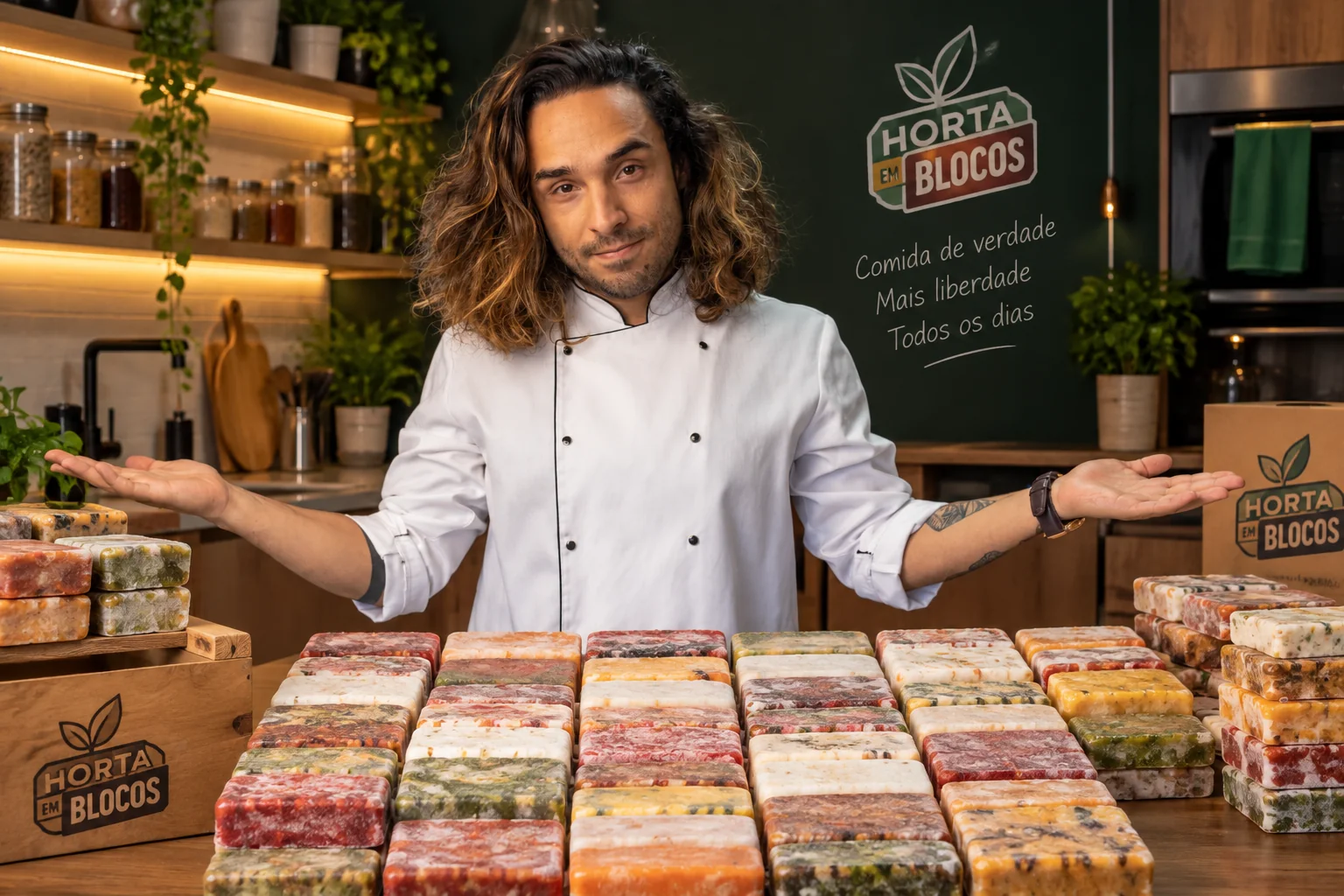 Chef Luiz Horta apresentando os blocos de comida congelada