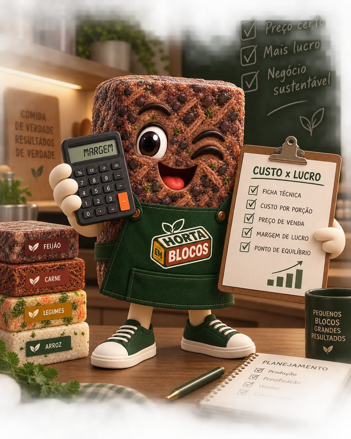 Mascote de feijão com calculadora e ficha de custos por bloco