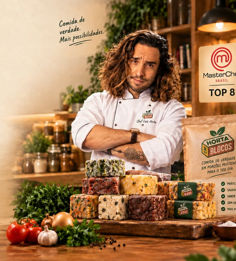 Chef Luiz Horta com os blocos de comida congelada Horta em Blocos