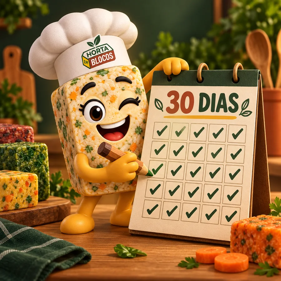 Mascote Horta em Blocos preenchendo o calendário do desafio de 30 dias