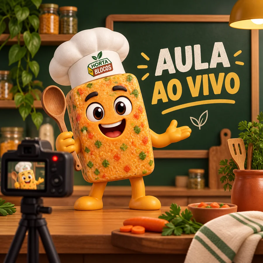 Mascote Horta em Blocos apresentando uma aula ao vivo