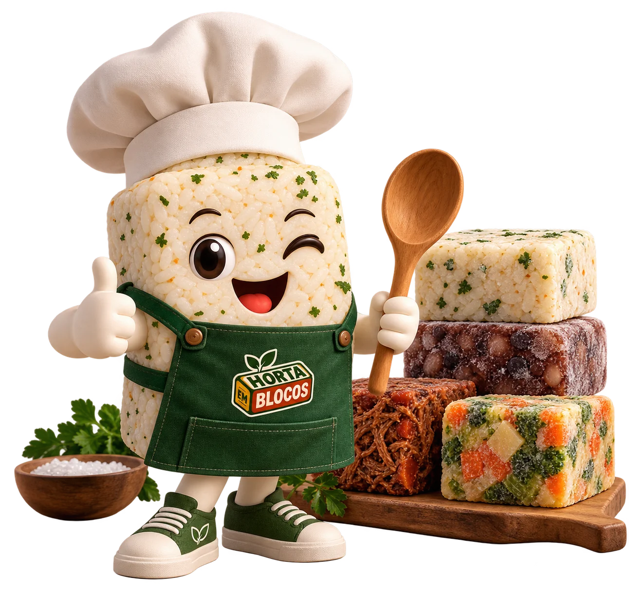 Mascote e blocos representando a produção padronizada